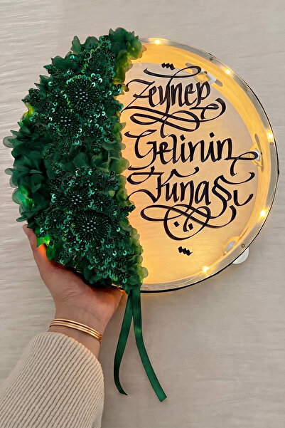 ZEYMERADE Zümrüt Yeşili Ledli Şeffaf Gelin Tefi 32cm, Işıl Işıl Vip Güpürlü V...