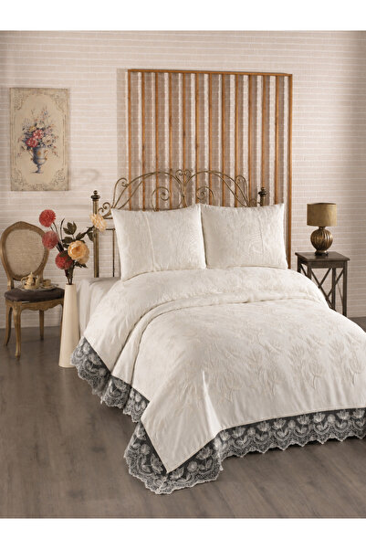 Çeyiz Diyarı Juliet Embroidered Chenille 3-Piece Double Bedspread Cream
