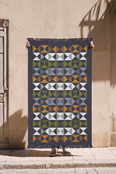 Cool Halı Lovely Koyu Gri Kilim Halı Çift Taraflı Makinede Yıkanabilir Yazlık...