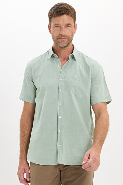 Tudors Men's Regular Fit Classic Cut 100% Cotton Linen Texture Green Shirt wi...