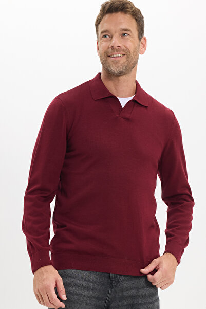Tudors Men's Standard Fit Regular Cut Polo V-Neck Burgundy Knitwear Sweater