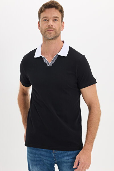 Tudors Men's Slim Fit Slim Fit 100% Cotton Black Polo Neck T-Shirt