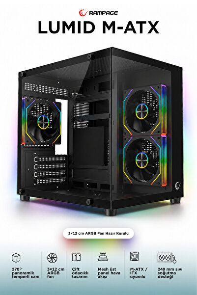 Rampage LUMID M-ATX 3*12cm ARGB Fan Temperli Camlı Siyah Oyuncu Kasası