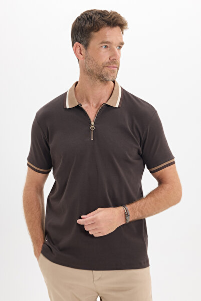 Tudors Men's Slim Fit 100% Cotton Short Sleeve Half Zipper Brown Polo Collar ...