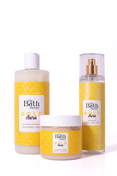 THE BATH FACTORY Gold Aura Duş Jeli + Vücut Peelingi + Vücut Spreyi