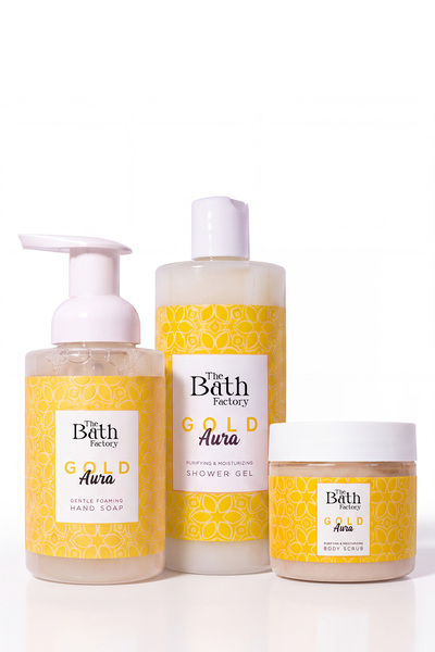 THE BATH FACTORY Gold Aura Duş Jeli + Vücut Peelingi + Köpük Sabun
