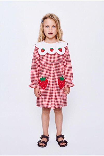 Magu Girl's Red Checkered Strawberry Embroidered Collared Dress