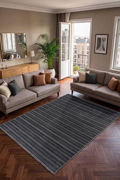 Koza Halı Stripe Antrasit Kaymaz Taban Tozumaz Halı Kilim Yolluk Salon Oturma...