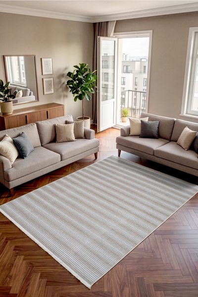 Koza Halı Stripe Krem Kaymaz Taban Tozumaz Halı Kilim Yolluk Salon Oturma Oda...