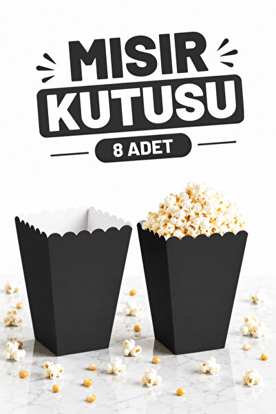 Huzur Party Store Siyah Mısır Kutusu 8'li Karton Cips Kutusu Düz Renkli 8 Ade...