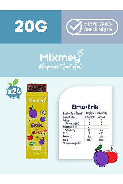 mixmey Erik Meyve Barı 24 Adet | Sağlıklı Atıştırmalıklar – Vegan, Glutensiz, Koruyucusuz (20GR X 24 ADET)