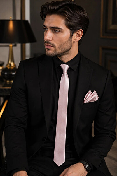 Varetta Erkek Pudra Pembe Slim Fit Dar Kesim Mendilli Kravat