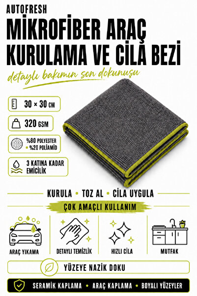 AutoFresh Oto Mikrofiber Yıkama Kurulama Cila Kalın Bez 30 X 30 320 Gsm Gri Renk Araba Temizlik Bezi