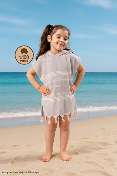 Formeya Children's Bathrobe Poncho 100% Cotton Beach Towel Peshtemal Brown