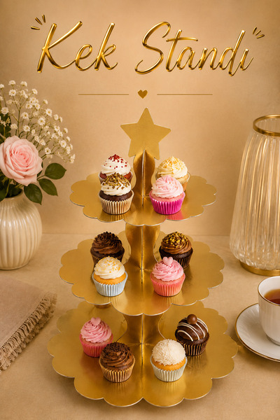Huzur Party Store Düz Gold Kek Standı Karton Cup Cake Muffin Standı 3 Katlı P...