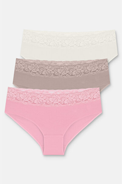 SUWEN 3-Pack Cotton Lace Regular Waist Hipster Panties