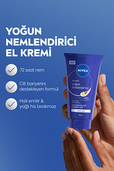 NIVEA Yoğun Nemlendirici ve Besleyici El Bakım Kremi 75ml, Doğal Badem, Shea Yağı Özü, Kuru Cilt, X3 Adet