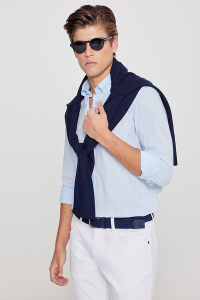 AC&Co / Altınyıldız Classics Erkek Açık Mavi Kolay Ütülenebilen %100 Pamuk Keten Görünümlü Nefes Alabilen Kumaş Slim Fit Gömlek