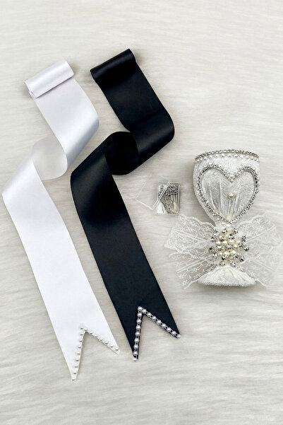 ZEYMERADE Jewelry Ribbon Set, White Heart Pin, Black and White Pearl Bride Gr...