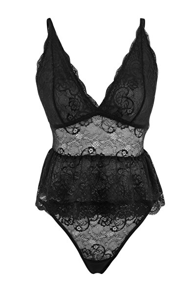 Trendyol Collection Black Peblum/Waist-Situated Lace Bustier Cupless Lingerie...
