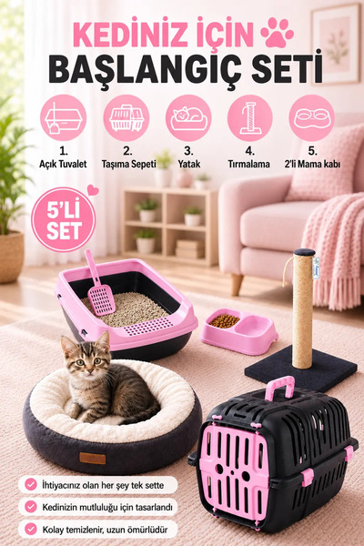 Kurtbay Şekil Açık Kedi Tuvaleti Taşıma Sepeti Tırmalama Simit Yatak Mama Kab...