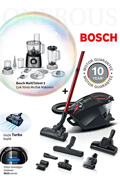 Bosch Turbo Başlık Güçlü Motor, Toz Torbasız Süpürge Hijyenik Temizlik-Mutfak...