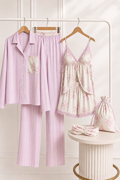 BELLA NOTTE 6 Piece Viscose Pink Floral Patterned Pajamas, Shorts, Pouch and ...