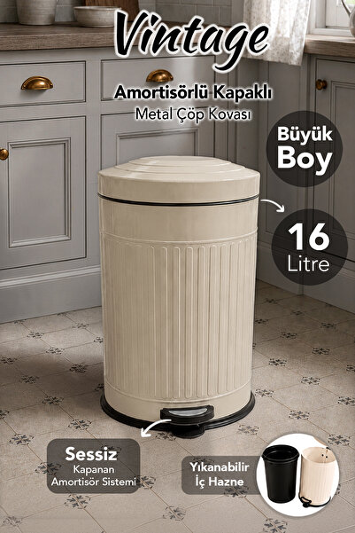 Meleni Home Vintage Çöp Kovası - İç Hazneli Banyo Mutfak Pedallı Amortisör Ka...