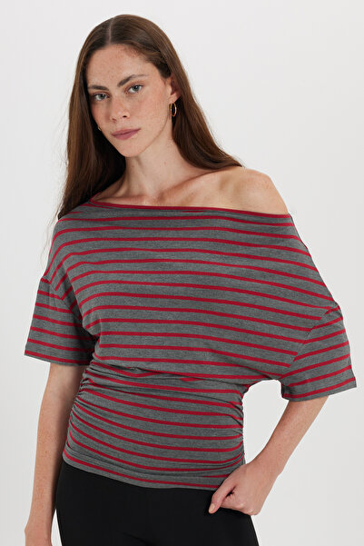 Tudors Women's Regular Fit Classic Cut Asymmetric Collar Bat Sleeve Striped L...