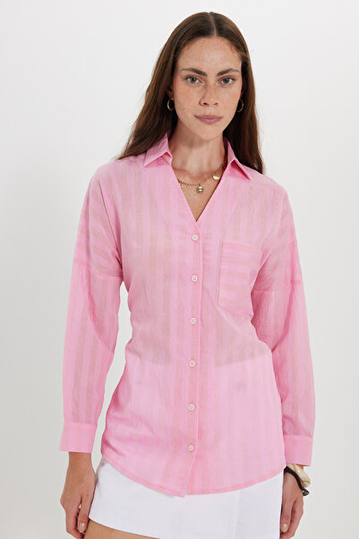 Tudors Women's Oversize Wide Cut Long Sleeve Cotton Belted Waist Striped Pock...