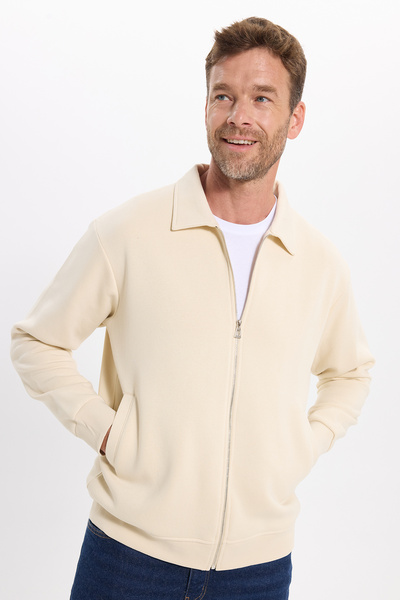 Tudors Unisex Relax Fit Rahat Kesim Pamuklu İç Polarlı Fermuarlı Bej Polo Yak...