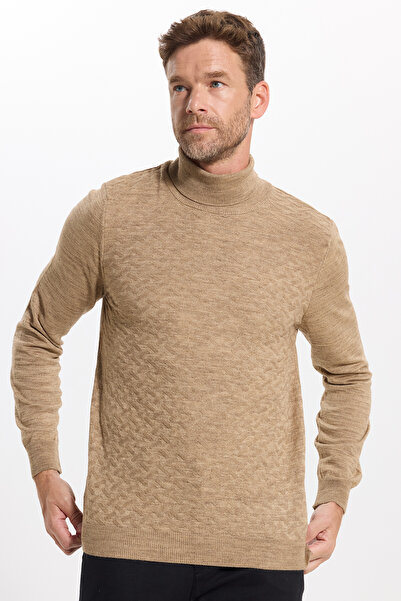 Tudors Men's Slim Fit Slim Fit Full Turtleneck Front Patterned Cream Knitwear...