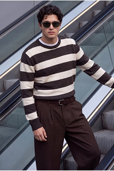 Trendyol Collection Brown-Ecru Regular Fit Striped Thick Knitwear Sweater Tmn...