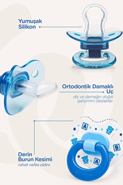 Wee Baby Ortodontik Damaklı Yumuşak Silikon Uçlu Emzik 2'li Set 0-6 Ay Erkek