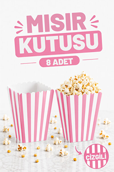 Huzur Party Store Pembe Çizgili Beyaz Mısır Kutusu 8'li Karton Cips Kutusu 8 ...
