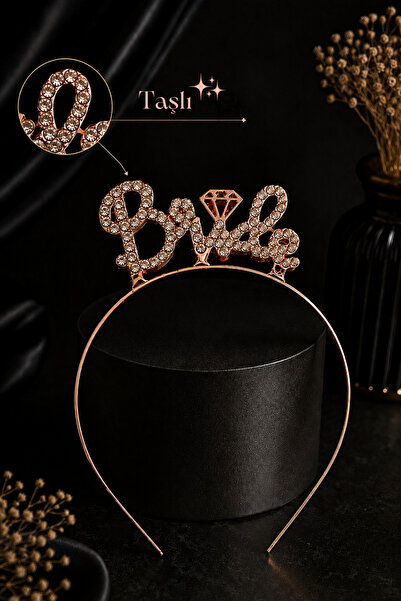 Huzur Party Store Bride Yazılı Taşlı Taç Parıldayan Taş Yapısı Rose Gold Renk...