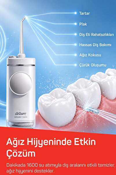 Arzum AR5300 Sensible Touch Beyaz Şarjlı Ağız Duşu 920MAH IPX7 Suya Dayanıklı 4 Mod Özellikli