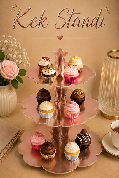 Huzur Party Store Düz Rose Gold Kek Standı Karton Cup Cake Standı 3 Katlı Pir...
