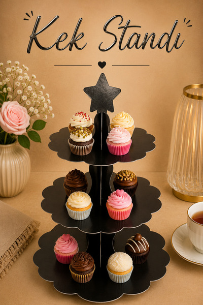 Huzur Party Store Düz Siyah Kek Standı Karton Cup Cake Muffin Standı 3 Katlı ...