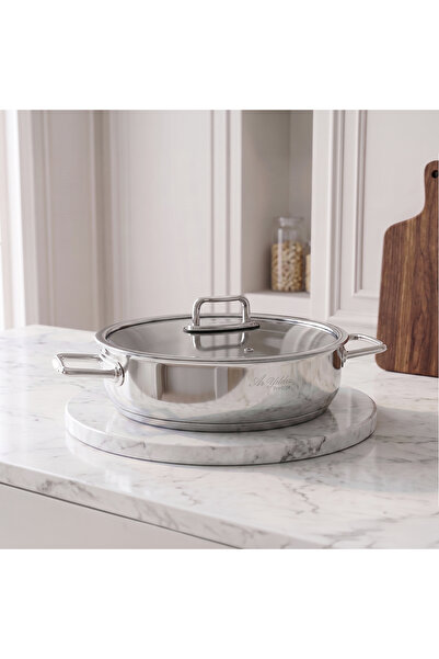 Aryıldız Columbus Metal Handle Glass Lid Flat Pot - 24 Cm