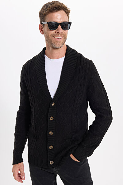 Tudors Men's Slim Fit Slim Fit Patterned Soft Textured Buttoned Black Cardigan
