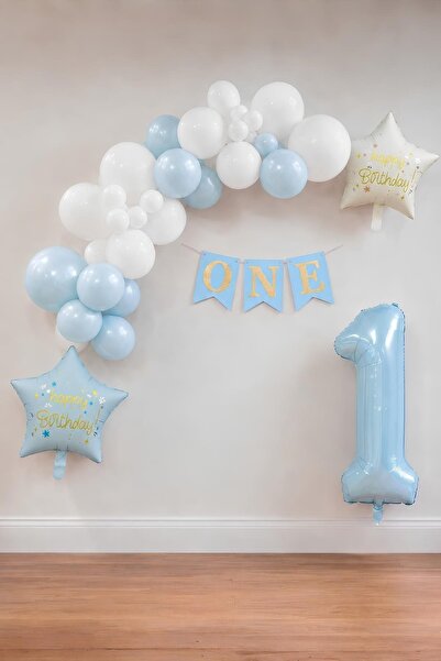 Patladı Gitti Mavi One 1St Birthday Party Set – White and Blue Balloon Decora...