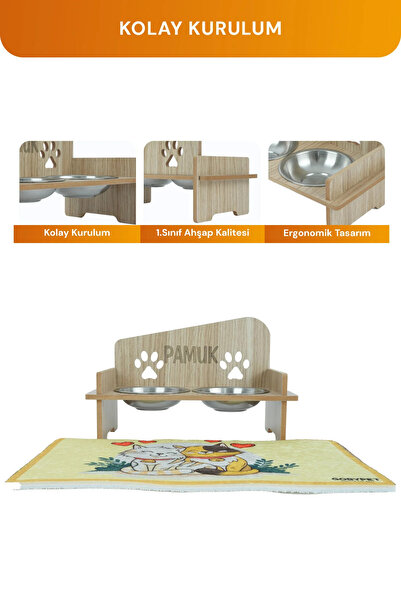 GOBYPET Ahşap Özel İsim Baskılı, Kare Kedi Köpek Mama Su Kabı Standı, Metal Suluk, Kedi Köpek Halısı