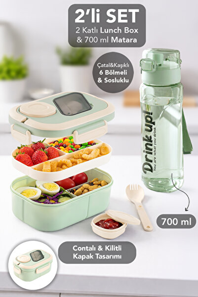 Meleni Home 2-Tier Lunch Box & 700 ml Water Bottle - 6-Compartment Locking Li...