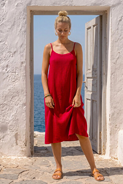 Chiccy Red Strapless Collar, Hidden Pockets, Adjustable Straps, Casual Muslin...