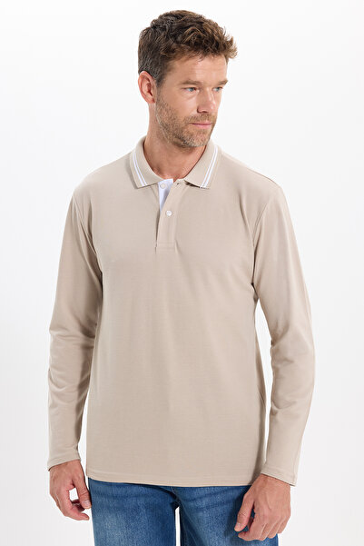 Tudors Men's Slim Fit 100% Cotton Long Sleeve Stone Polo Collar T-Shirt