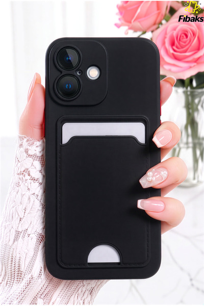 Fibaks iPhone 16 Kılıf Kamera Korumalı Arkası Kartlıklı Cüzdanlı Kırmızı Tuşl...