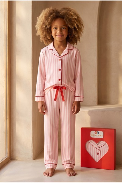 Katia&Bony Girls' Heart Boxed Striped Pajama Set Pink