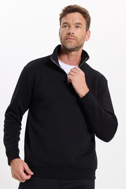 Tudors Unisex Relax Fit Cotton Fleece-Lined Half-Zip Black Mock Neck Sweatshirt