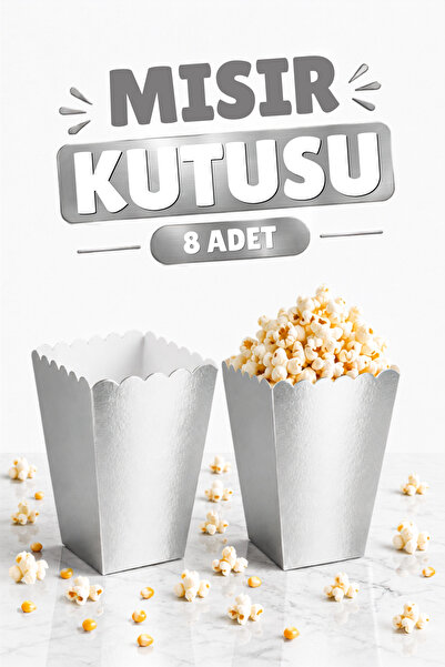 Huzur Party Store Gümüş Mısır Kutusu 8'li Gri Karton Cips Kutusu Düz Renkli 8...